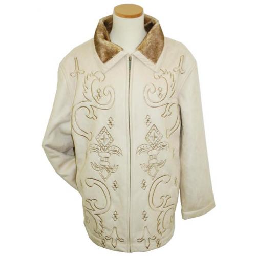 Prestige Ivory/Ivory Embroidered Suede Leather Coat with Fur Lining